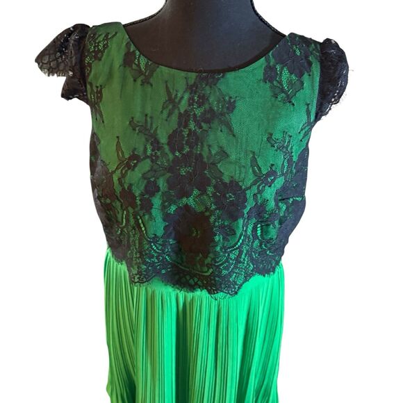 REVIEW Dress Size 10 Lace Overlay Pleated Formal Dress Tea Length Green Black - Picture 2 of 14